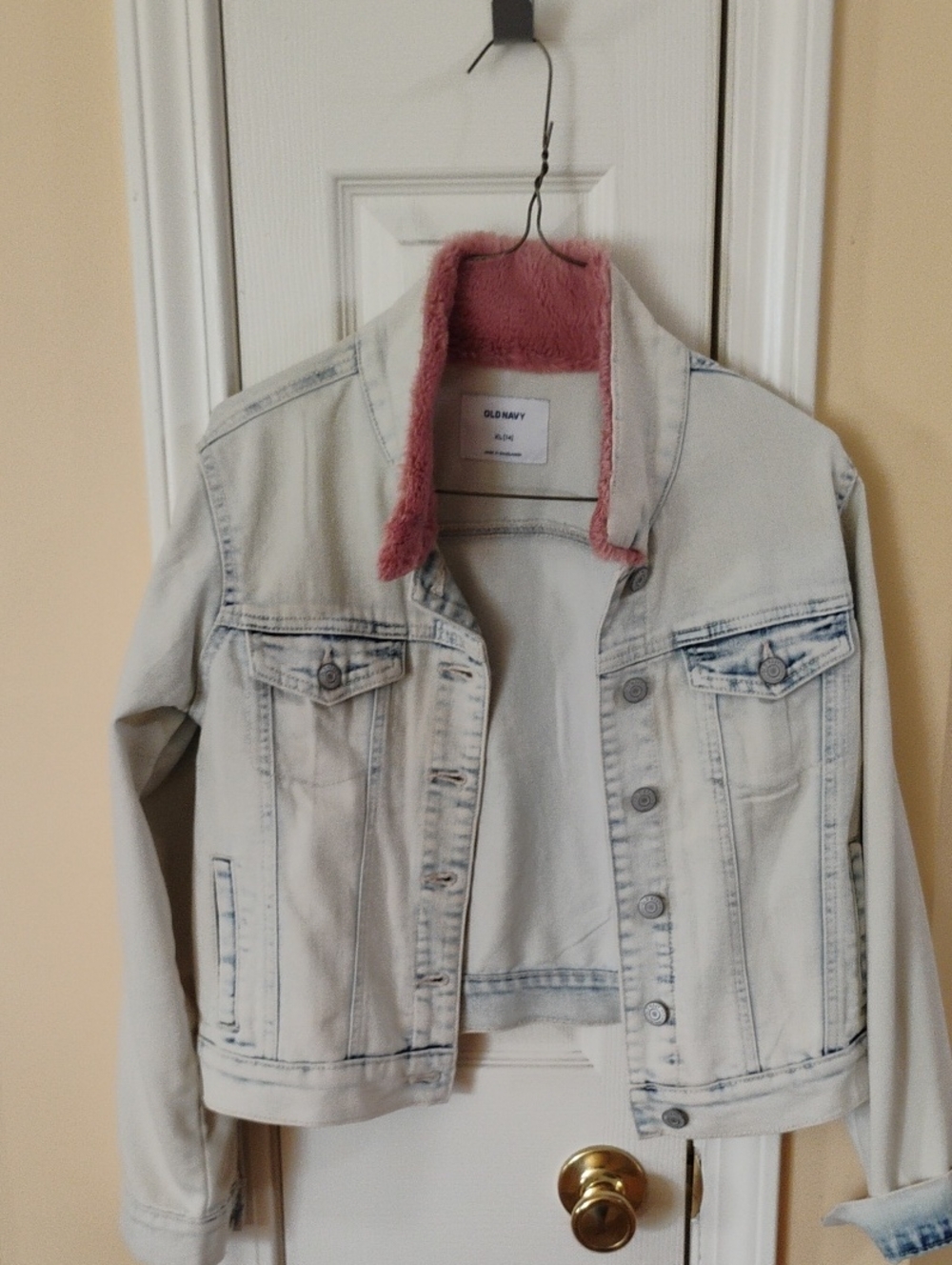 Old Navy Light Wash Denim Jacket with Pink Sherpa Trim